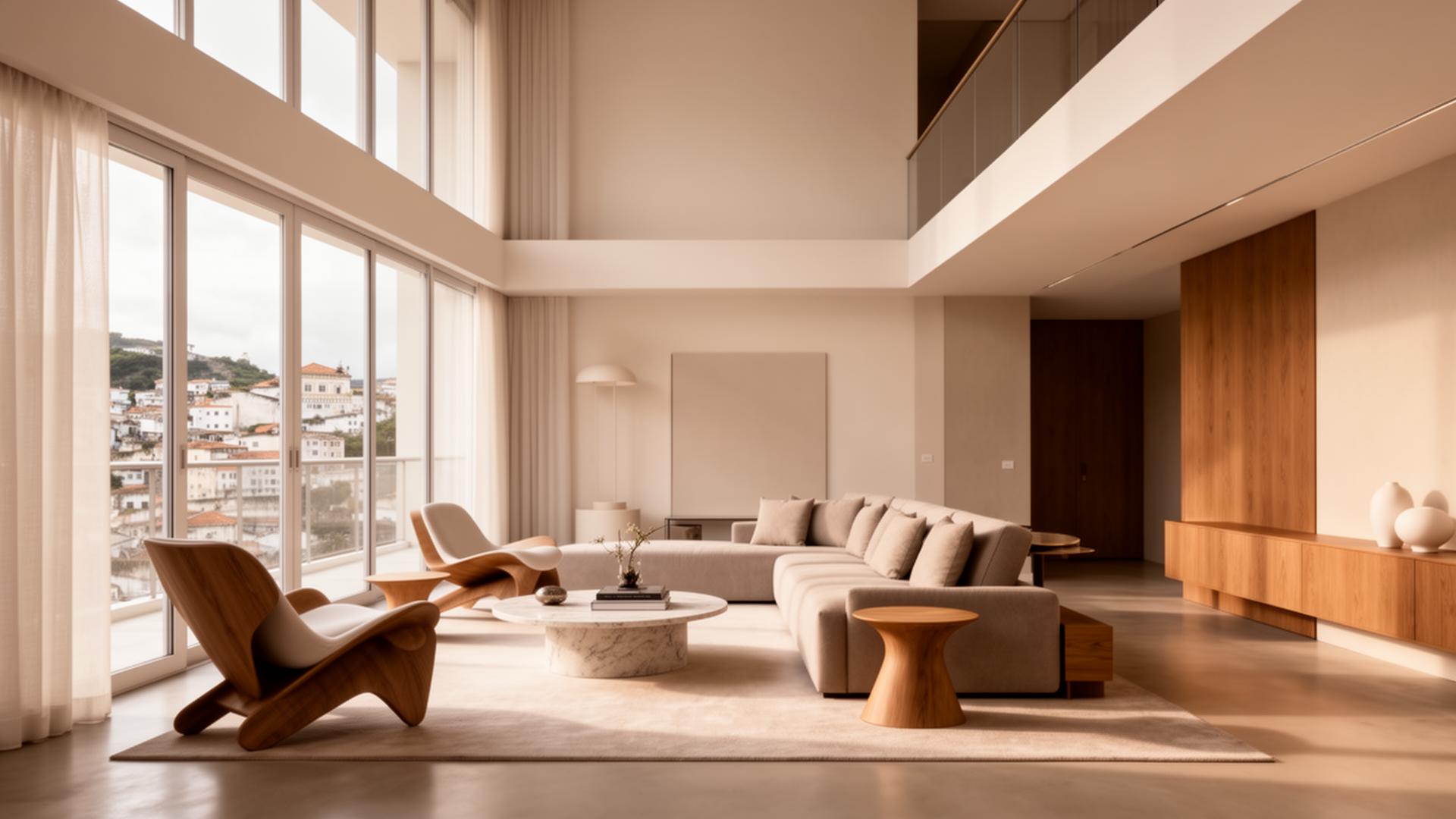 Sala de estar de apartamento de alto padrão em Salvador, com pé-direito duplo, mobiliário autoral e janela panorâmica